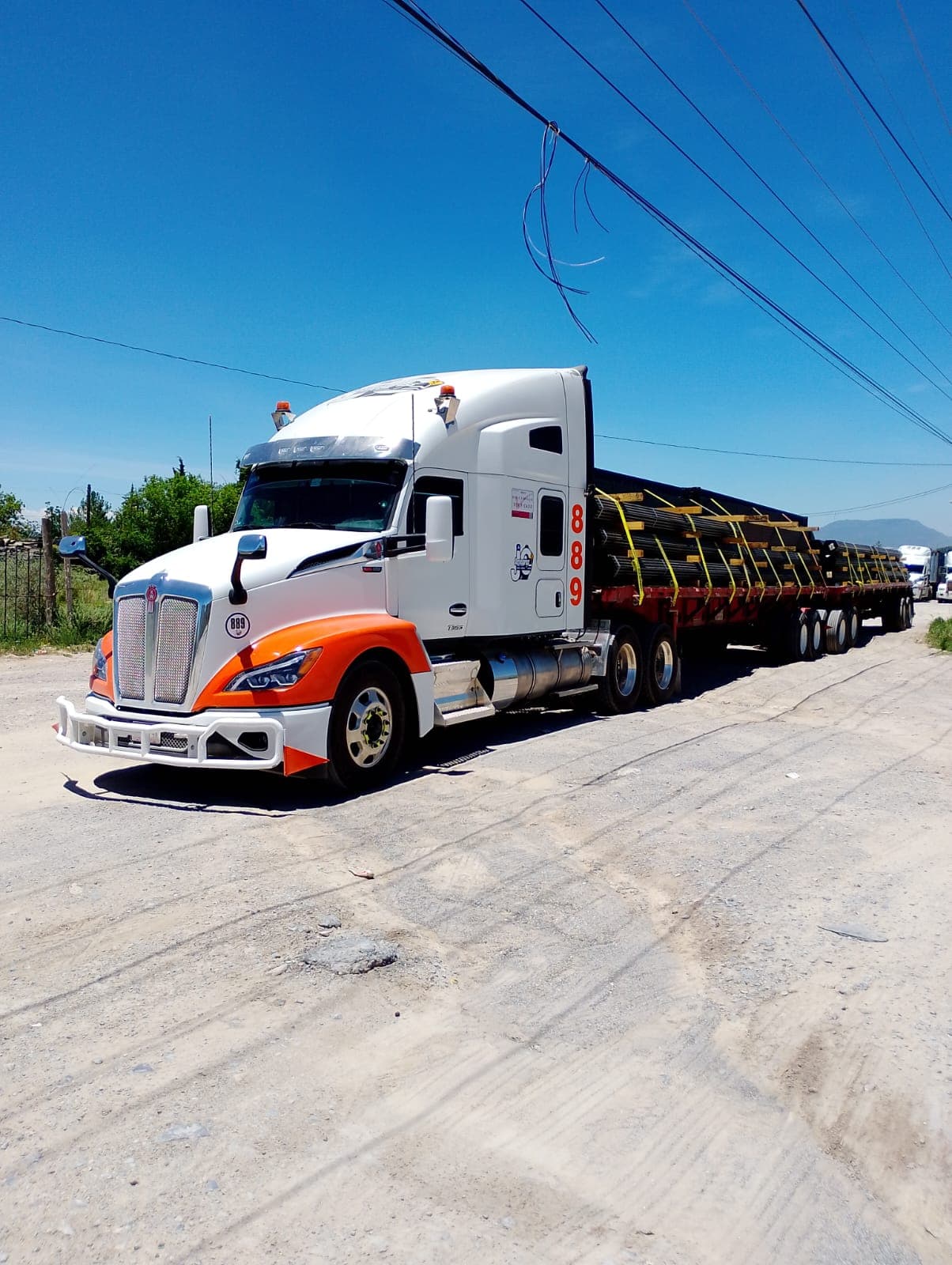Unidad de ServiExpress JC transportando varilla y perfiles de acero asegurados sobre plataforma